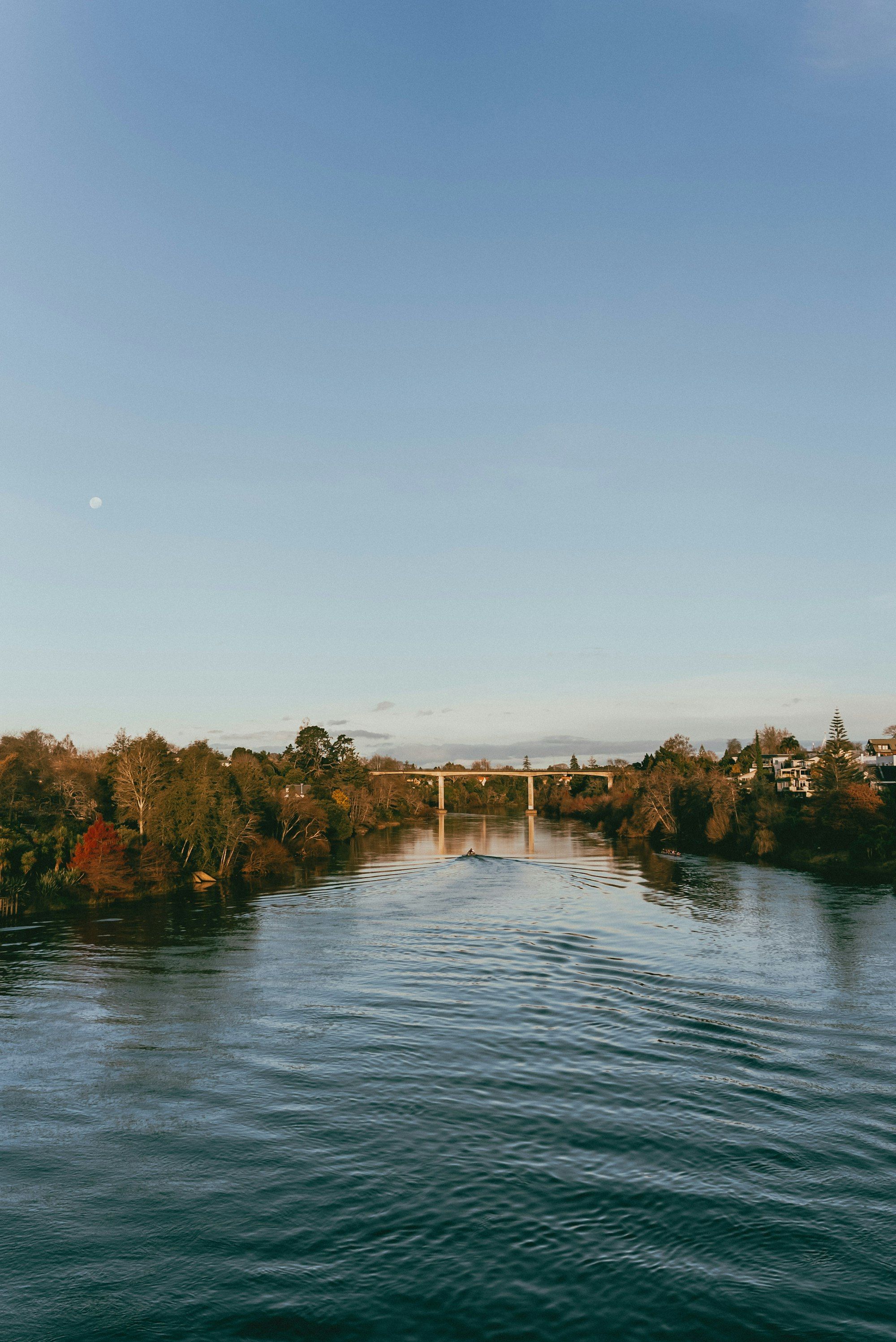 The Waikato River flowing through Hamilton with a bridge in the background